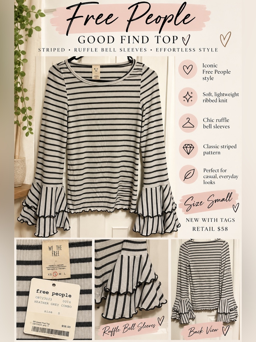 NWT Free People Heather Grey and Black Striped Ruffle Bell Sleeve Top